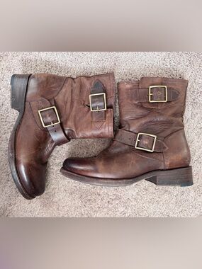 Frye Brown Leather Combat Moto Boots with Brass Buckles, Size 7